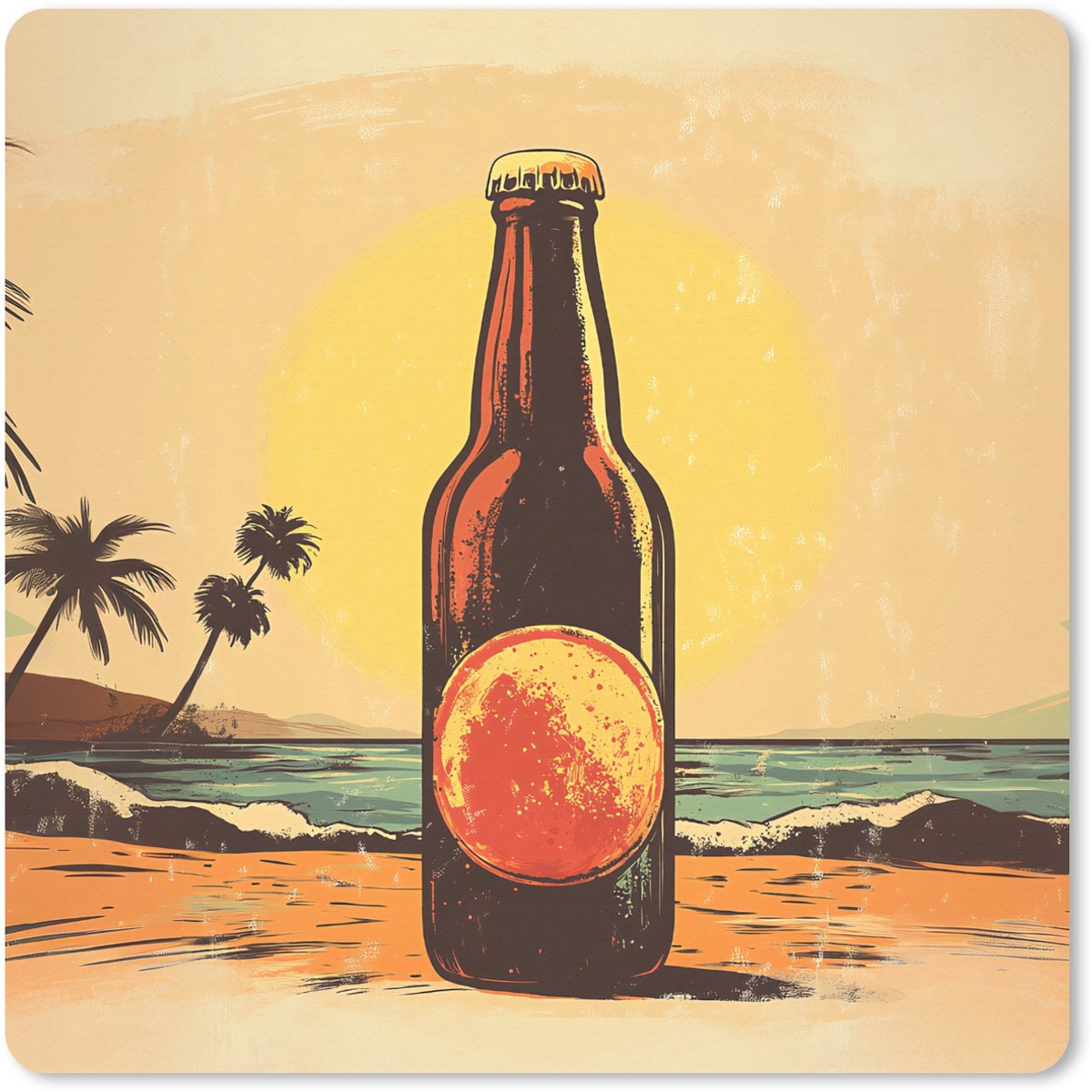 Muismat XXL 50x50 cm - Bureau onderlegger - Bureau mat Bierfles - Zonsondergang - Palmbomen - Zee - Bureaumat - Gaming mousepad xl - Bureaulegger groot - Computer deskmat