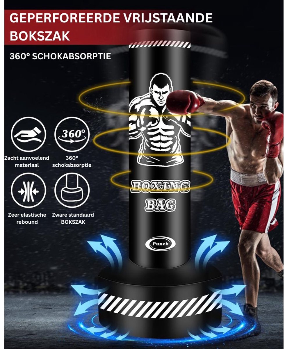 Boxbal, in hoogte verstelbare vrijstaande boksbal, staande bokszak, boksbal voor volwassenen, voor bokstraining, 120-160 cm, zwarte boksbal, zwarte basis