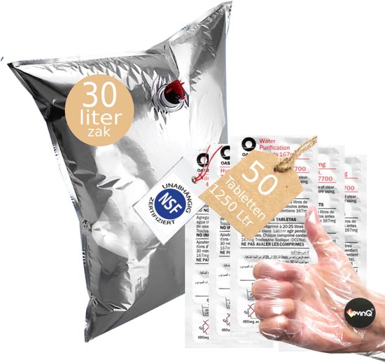 Oasis® Waterzuiverings Tabletten 50×25 Liter – Waterzak met Tapkraan – Handschoenen PE 100% Desinfectie