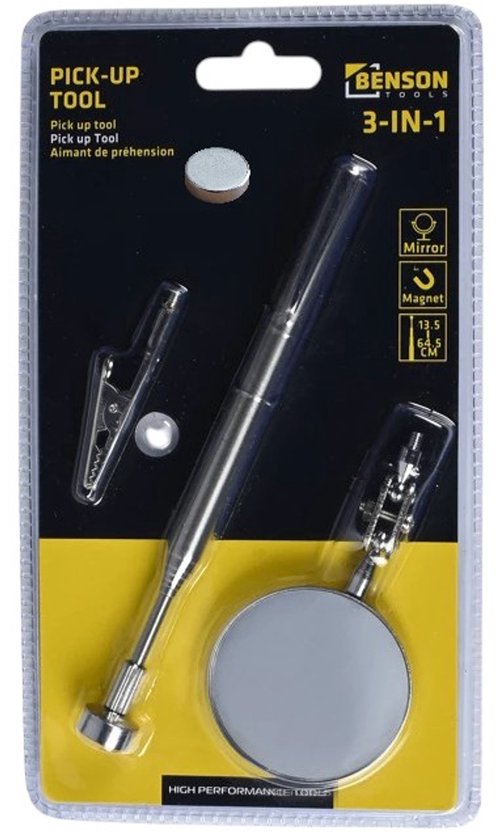 3-in-1 pick-up tool met magneet, spiegel en klem in de verpakking.