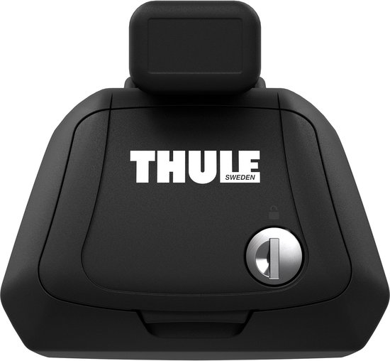 Un pied de porte-bagages Thule noir avec une serrure intégrée et le logo Thule.