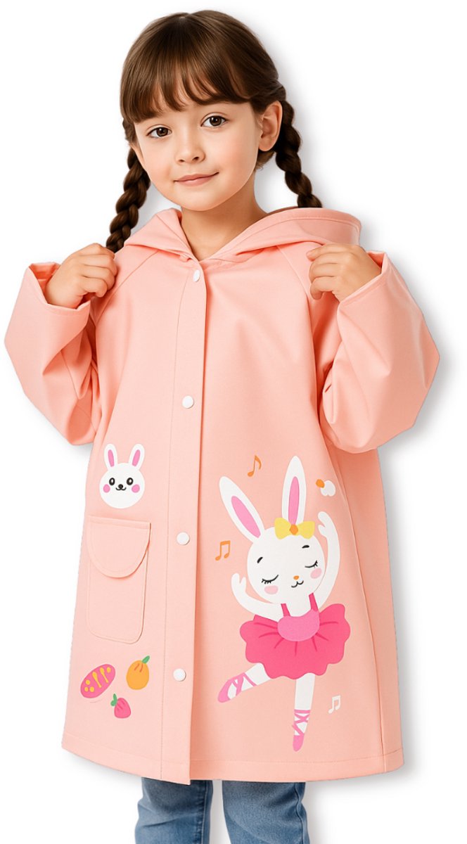 BoefieBoef Roze Kinder Regenjas Konijn Ballerina – L 4 tot 8 jaar – Kleuter RegenPoncho – Premium EVA Waterdicht – Regenmantel - Regen Winter School Buitenspelen – Knutseljas – Cadeau Tip voor Meisjes & Jongens – lengte 105-125 cm