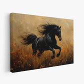 FineArtia - Zwart paard in volle galop - Canvas Schilderij - 90 x 60 cm - Woonkamer Decoratie - Bruin;Zwart - Slaapkamer Schilderij - Wanddecoratie
