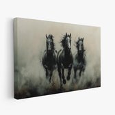 FineArtia - Zwart-wit rennende paarden - Canvas Schilderij - 90 x 60 cm - Woonkamer Decoratie - Zilver;Zwart - Slaapkamer Schilderij - Wanddecoratie