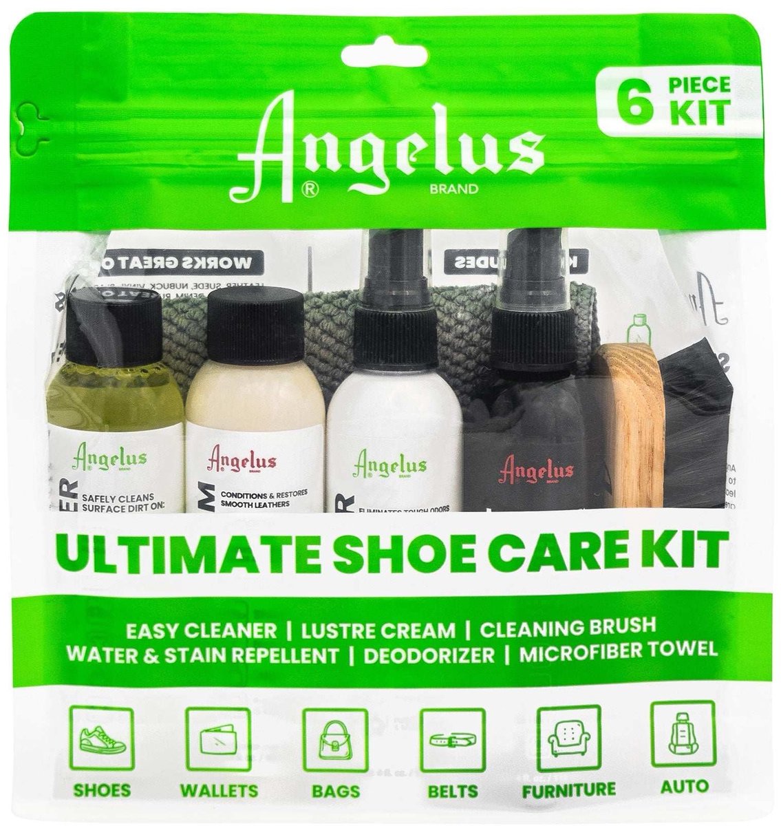 ANGELUS ULTIMATE SHOE CARE KIT - SNEAKER REINIGER + ONDERHOUD - CADEAUSET - CLEANER + VOEDENDE&HERSTELLENDE CREME + DEODORIZER + PROTECT SPRAY + MICROFIBER DOEKJE + BORSTEL -
