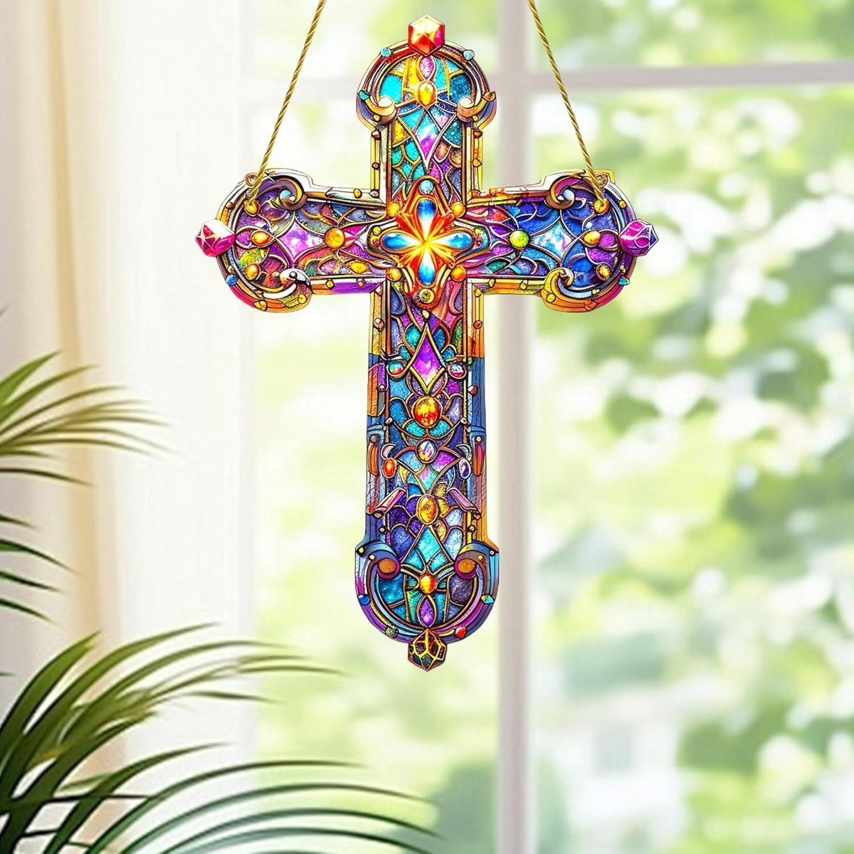 Kruis Zonnevanger van Acryl – Gebrandschilderd Glas Effect, Hangend Kleurrijk Lichtornament, Waterdicht en Slijtvast – Voor Buiten, Tuin, Balkon – Stijl 2"