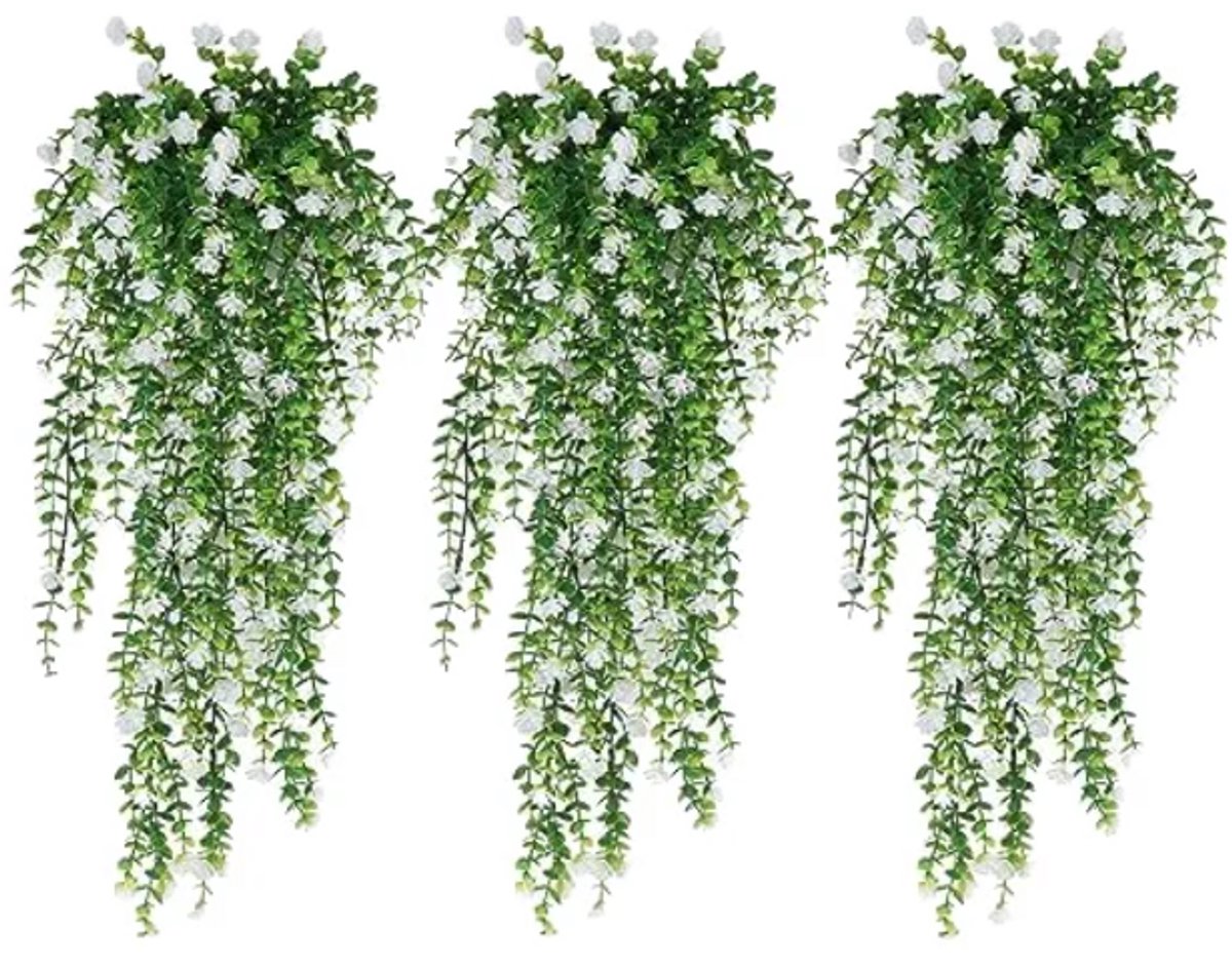 3 stuks kunstmatige hangende bloemen buiten, nep hangende eucalyptusplanten wijnstokken, UV-bestendig faux plastic hangende groene planten voor huis tuin tuin bruiloft patio kamer muur decor wit
