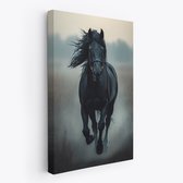 FineArtia - Zwarte paard in mist - Canvas Schilderij - 60 x 90 cm - Woonkamer Decoratie - Blauw;Grijs - Slaapkamer Schilderij - Wanddecoratie