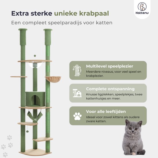 PawHut 242 Cm Vloer Tot Plafond Kattenboom Voor Binnenkatten Met Bladeren In Hoogte Verstelbare Klimtoren Krabpaal Antislipset Groen 1301443851