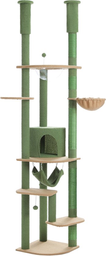 Hoge, groene krabpaal met meerdere plateaus, een huisje, hangmat en een schotel.