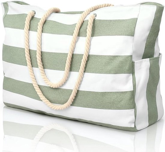 oscaurt Strandtas, strepen, tote bag, badtas, waterdicht, strandtas, groot, met ritssluiting, shopper, tas, strandtas, XXL, familie, boodschappentas, schoudertas, effen tas, reistas, Witte luipaard