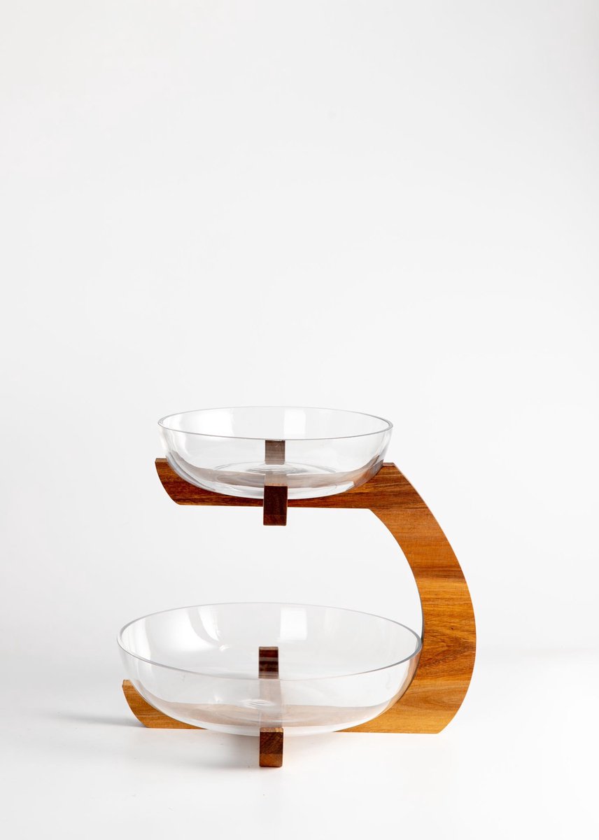 Mevaz – 2-laags Glazen Serveerschaal met Houten Standaard – Dubbele Etagère – Elegant & Modern Design - 4.1L - Ø33 cm