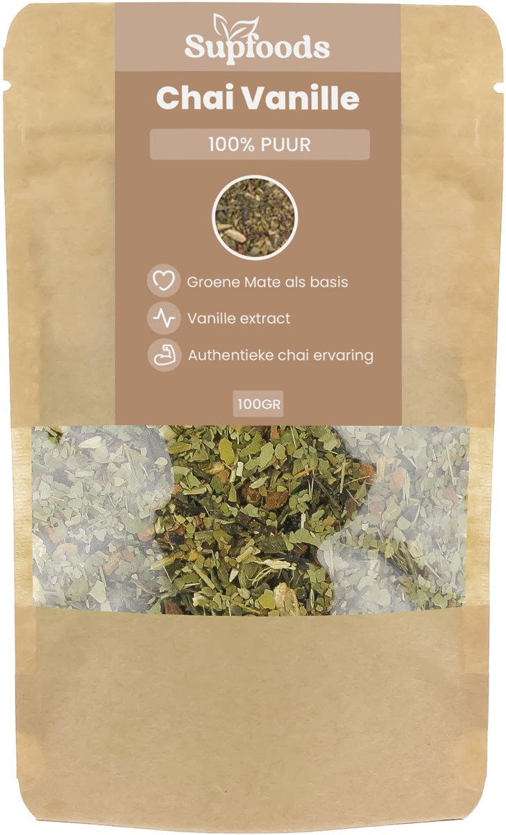 Chai Vanille - 100% Puur - 100gr - Perfect als Losse Kruidenthee of Chai Latte - Chai Mix met Groene Mate, Ceylon Kaneel, Kardemom en Vanille Extract