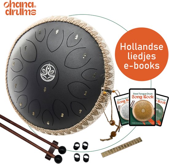 Ohana Drums® Tongue drum – Handpan – 36 cm Ø – Onyx Zwart – Klankschaal – 15 noten – Yoga Drum – Muziekinstrument voor kinderen - Chakra meditatie en ontspanning - Incl. Hollandse liedjes e-book