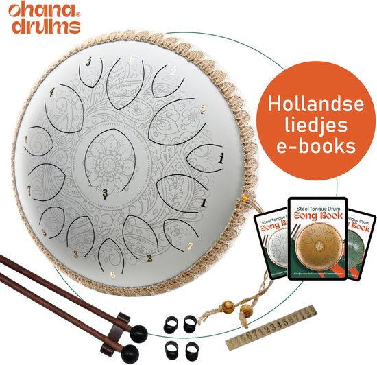Ohana Drums® Tongue drum – Handpan – Bloesem Wit – 36 cm Ø – Klankschaal – 15 noten – Yoga Drum – Muziekinstrument voor kinderen - Chakra meditatie en ontspanning - Incl. Hollandse liedjes e-book
