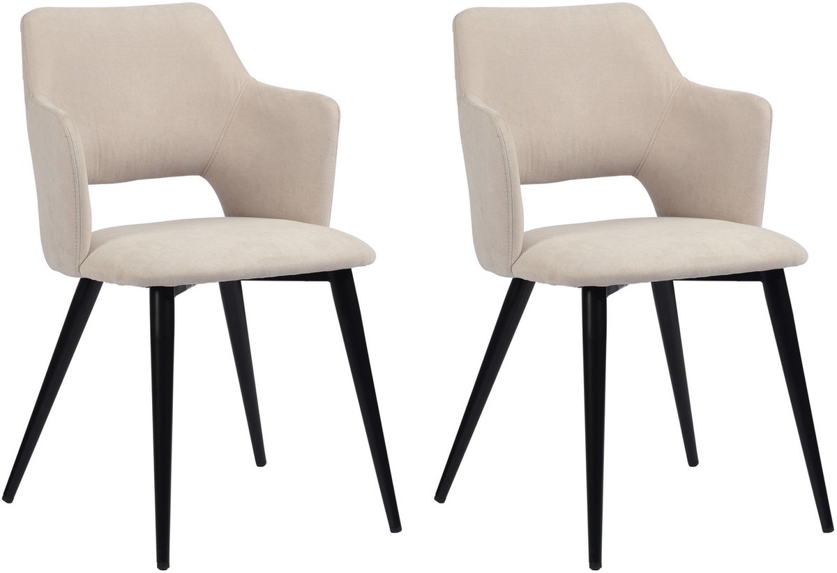 Meubles Cosy – AKANJI – Set van 2 eetkamerstoelen met armleuningen – Beige – Stoffen zitting – Metalen poten