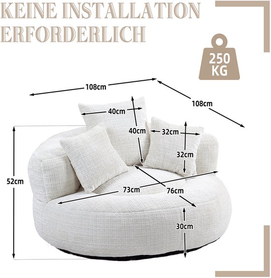 Witte fauteuil met vier kussens, afmetingen in cm. Tekst: 'KEINE INSTALLATION ERFORDERLICH', '250 KG'.
