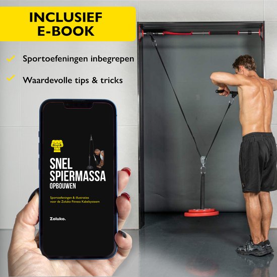 Man met een kabeltrainingsapparaat en een hand die een smartphone vasthoudt met een e-book.