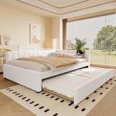 Slaapbank 140x200 cm - met bedlampje - Gestoffeerd bed met uitschuifbaar bed - USB-poort - Type-C - wit - zonder matras