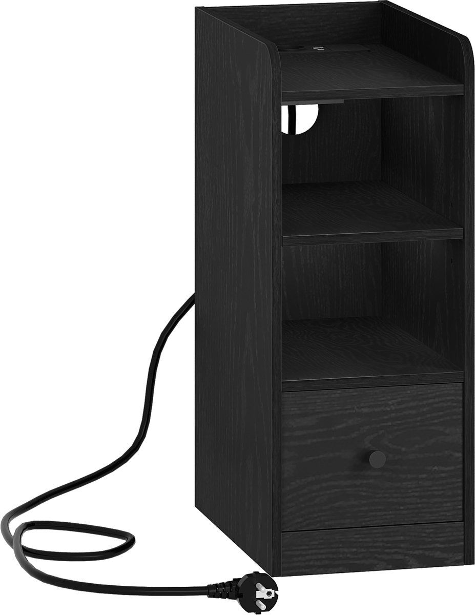 HILINSIE Nachtkastje Zwart - Met Ingebouwd Opladersysteem (USB & Type-C), Drie-laags Opbergruimte Met Lade, Ruimtebesparend Voor Slaapkamer & Woonkamer​