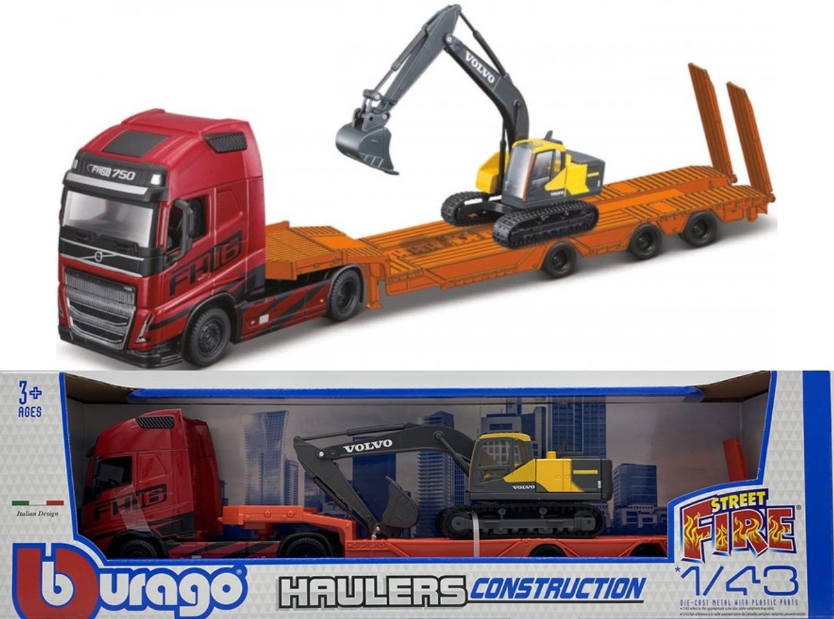 Volvo FH16 Globetrotter 750 XXL met Volvo EC220E graafmachine Bburago 1:43