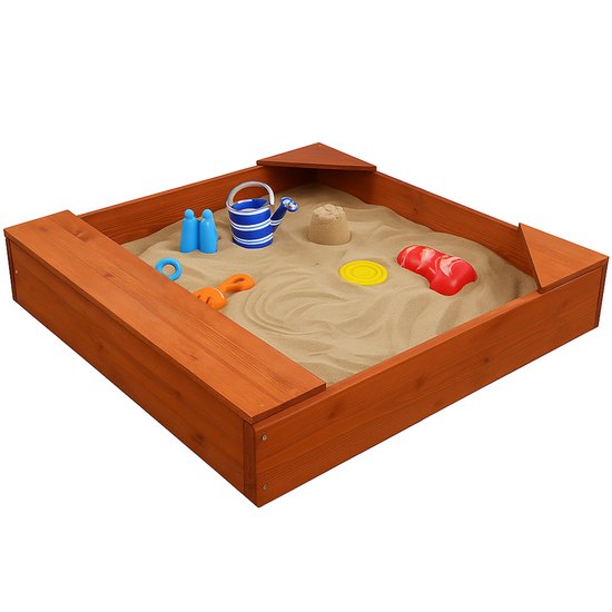 Outbee Zandbak - Zandbak met deksel - Hout - Incl. Afdekzeil - Zitplekken Voor Kinderen - 102x96x15cm