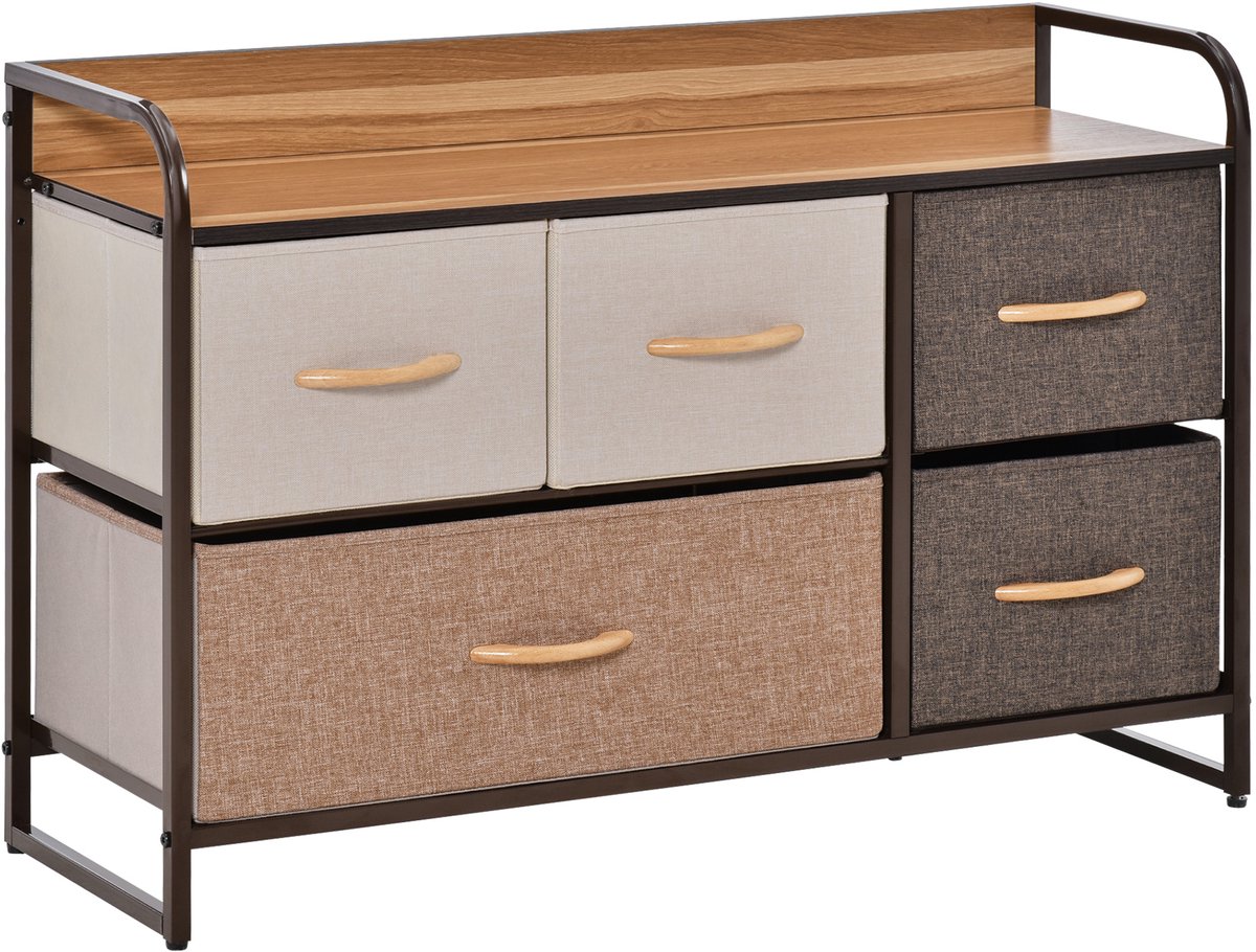 HOMCOM-Stoffen Dressoir-Hout-87,5x29x58cm-Rode Esdoorn, Melkwit, Lichtbruin, Bruin
