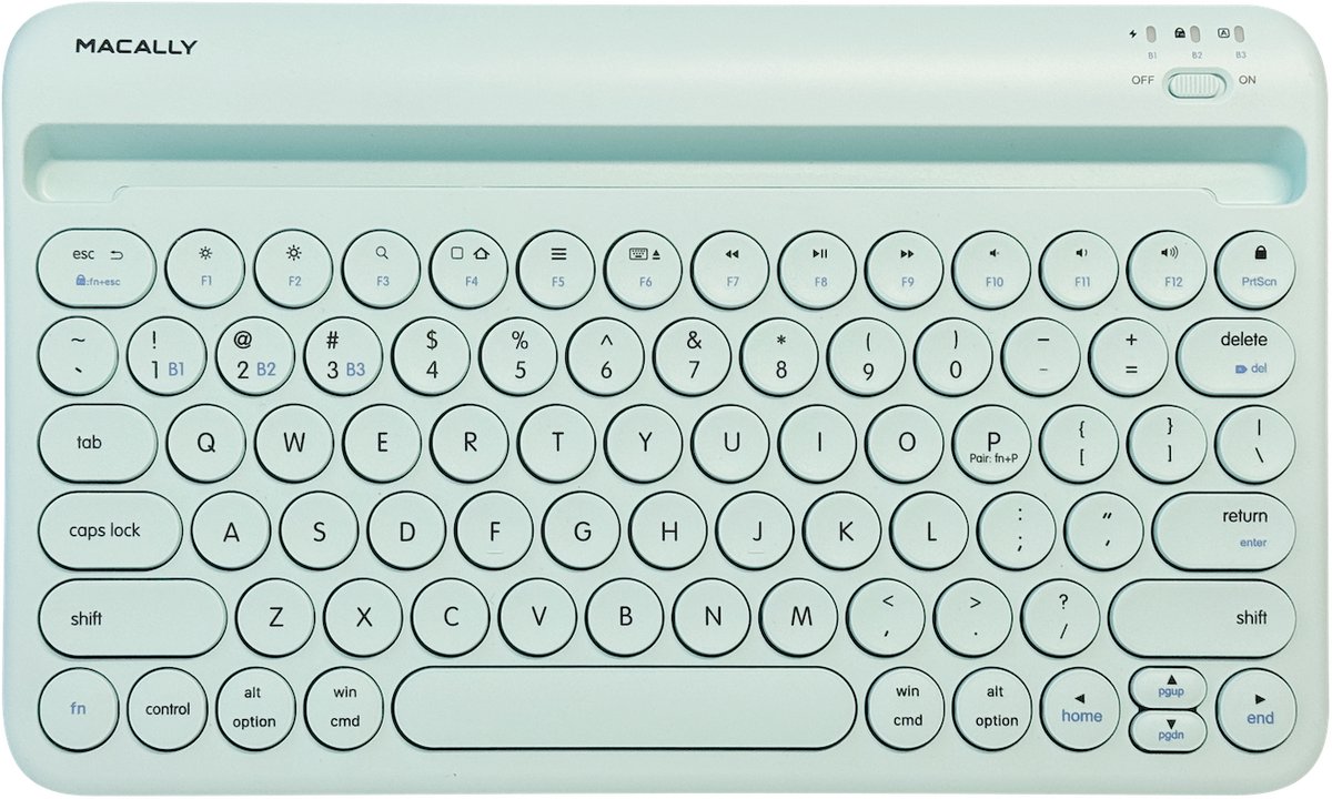 Macally BTTABKEYBATMG compact draadloos bluetooth-toetsenbord met geïntegreerde iPad/tablet-sleuf, oplaadbare batterij en multi device (tot 3 apparaten) ondersteuning - QWERTY - Munt groen