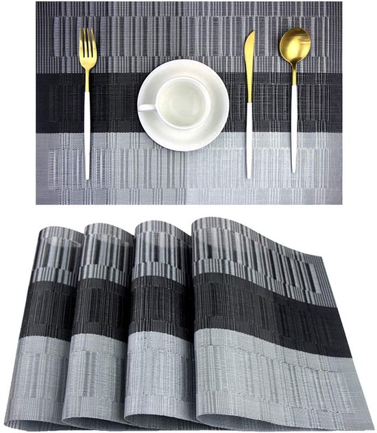 Set van 4 placemats 30 x 45 cm, antislip, wasbare tafelmatten, PVC, scheurvast en hittebestendig, voor de keuken - grijs