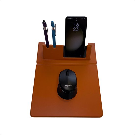 Techidna® DeskMate - Tapis de souris avec support pour téléphone et porte-stylo - Cuir - Marron cognac