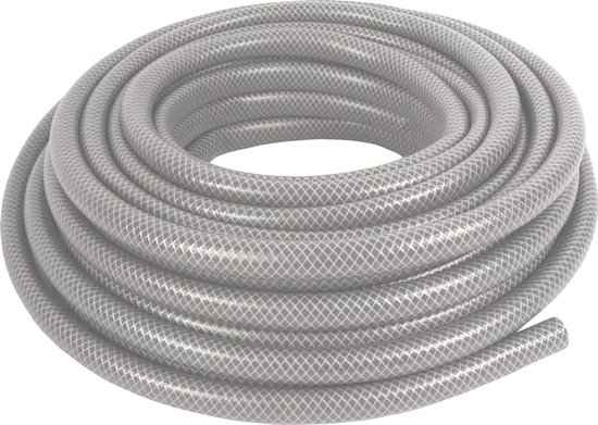 Grijze versterkte tuinslang van PVC, 1/2 inch (12,5 mm), met ruitpatroon, opgerold.