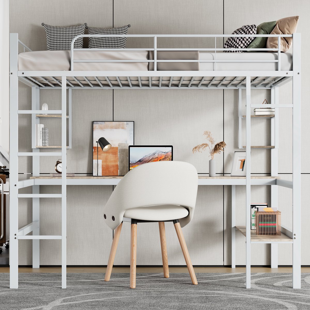 Merax 90x200 cm hoogslaper met bureau - met vier kleine planken en een grote boekenkast - wit - zonder matras