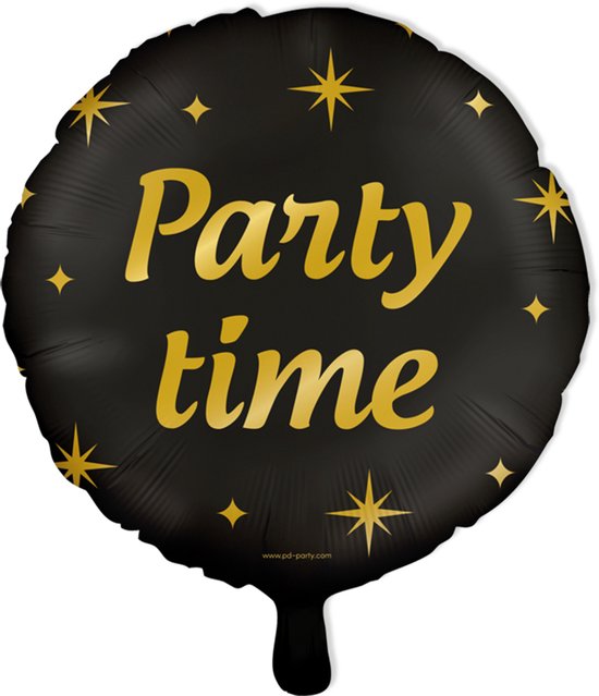 Zwarte ronde folieballon met gouden tekst 'Party time' en sterren.