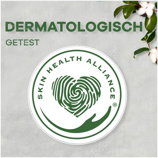 Groen logo met een hart in de vorm van een vingerafdruk, omringd door tekst 'SKIN HEALTH ALLIANCE'. Daarboven de tekst 'DERMATOLOGISCH GETEST'.