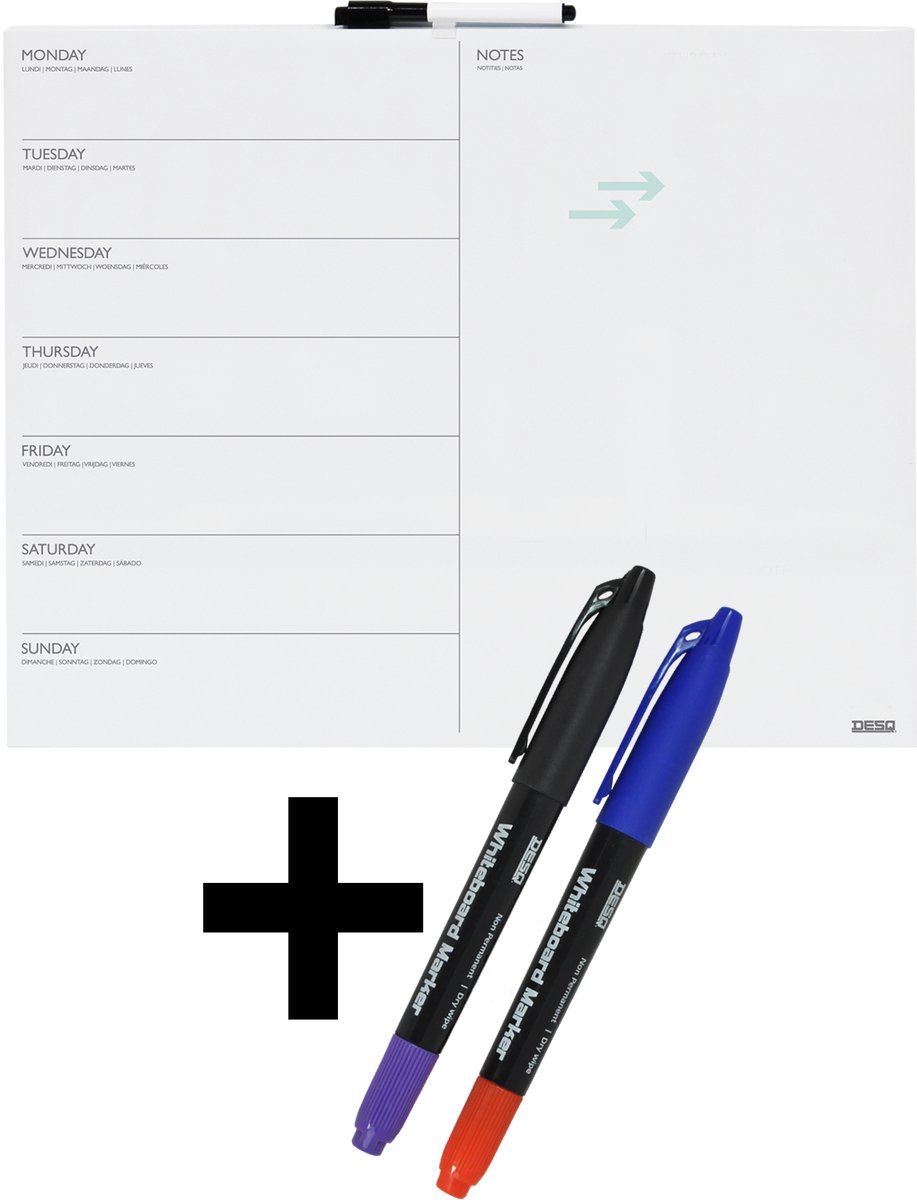 DESQ® Weekplanner met Stiften - Whiteboard - Frameloos - Magnetisch - Droog Uitwisbaar - Verticale indeling - 40 x 50 cm