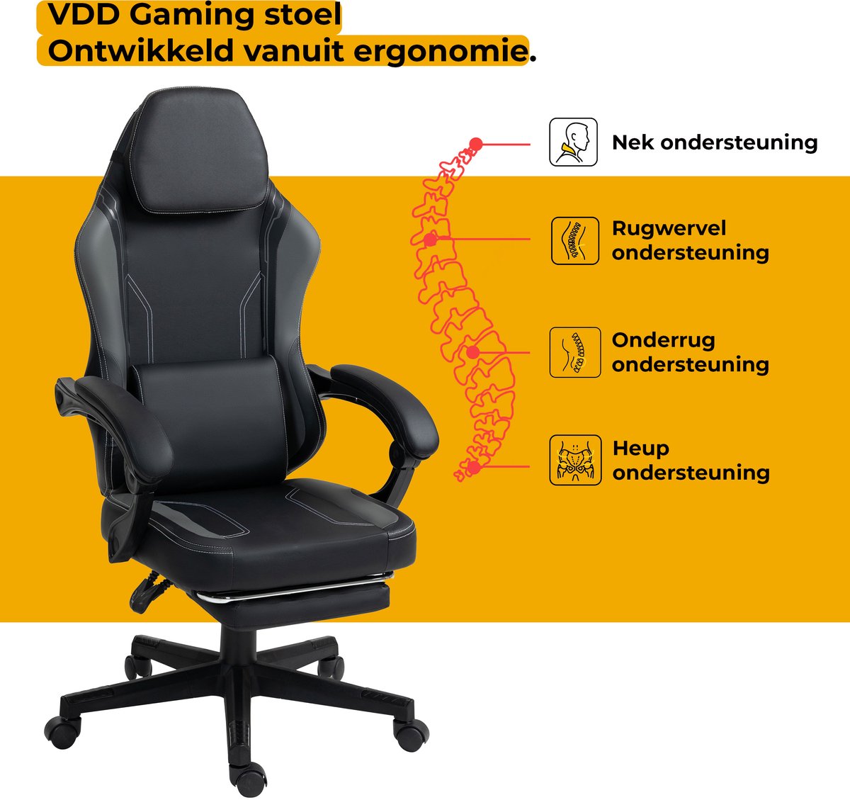Afbeelding 3 van VDD Gaming - Gamestoel met massagefunctie en voetsteun - Gaming chair in de kleur Zwart/Grijs - Game stoel met nekkussen & verstelbaar rugkussen - Ergonomische bureaustoel met padded armsteunen - Max draagvermogen 150 kg - Verstelbare ruggensteun