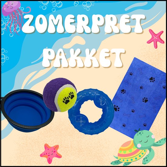 Zomerpret Pakket voor Honden – Verkoelende Ring, Handdoek, Tennisbal & Opvouwbare Voer- en Drinkbak