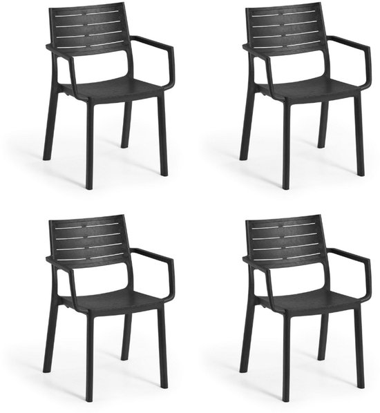 Ensemble de quatre chaises de jardin en plastique noir avec des lattes horizontales.