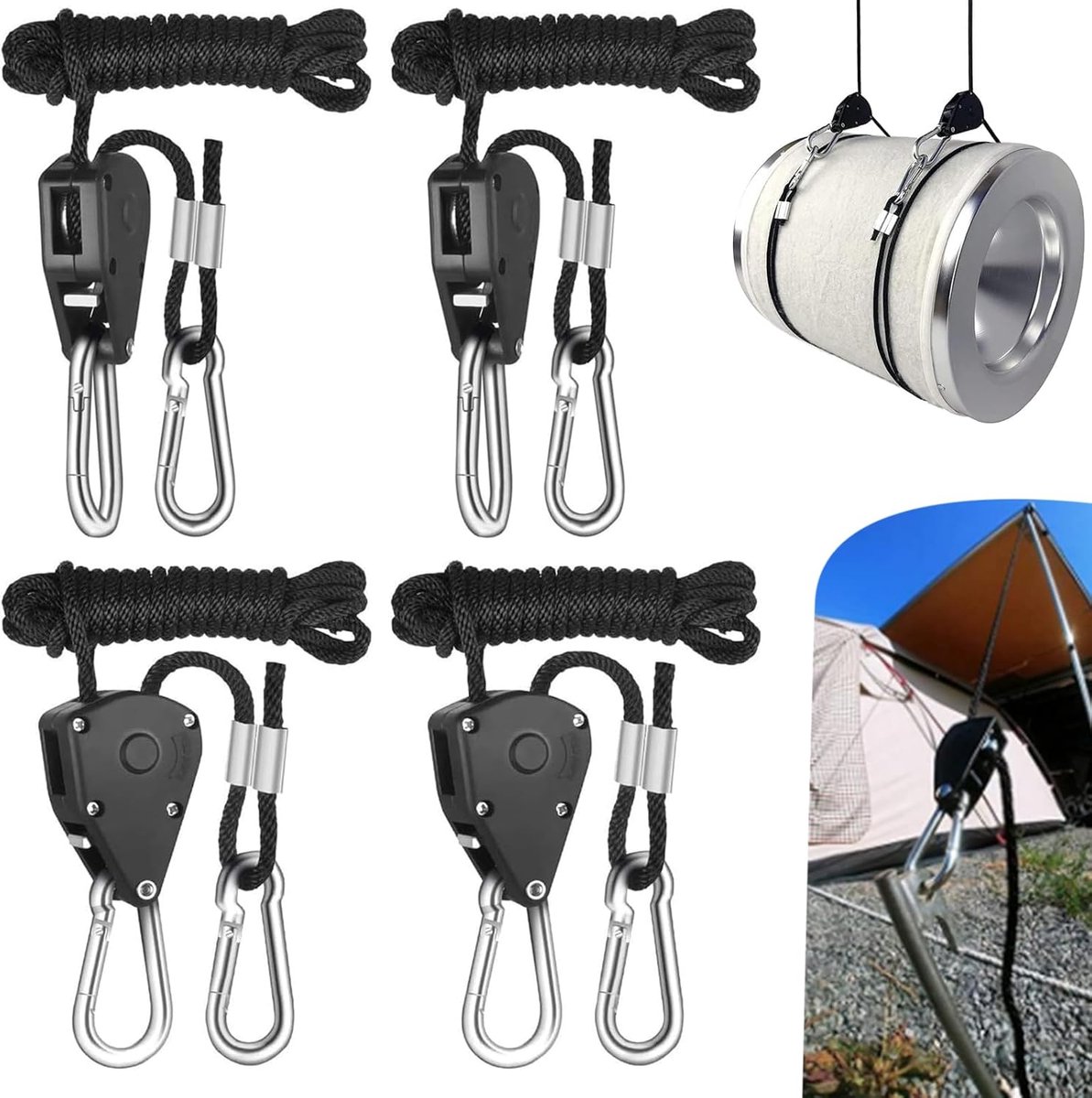 Bedee 4-delige verstelbare metalen wiel met haak - 2m touw met haakratel - Zwart - 68 kg hoog draagvermogen - Perfect voor het ophangen van kweeklampen en plantenbakken