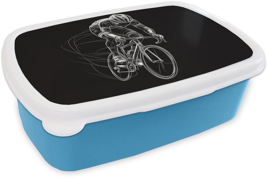 Foto: Broodtrommel blauw lunchbox lijntekening wit wielrennen snelheid brooddoos 18x12x6 cm brood lunch box broodtrommels voor kinderen en volwassenen