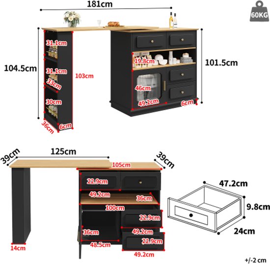 Table De Bar Extensible Avec Rangement – Dimensions 138-204×39×105 Cm, Noire, Mobile