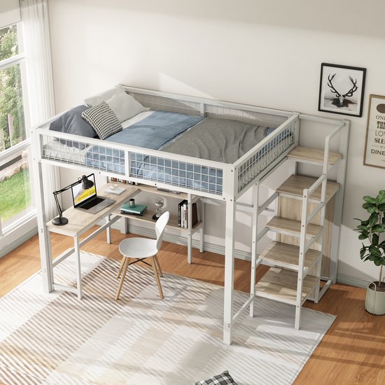 Lit mezzanine - 140x200 cm - échelle de rangement - multiples étagères - sans matelas - armoire intégrée - bureau - blanc