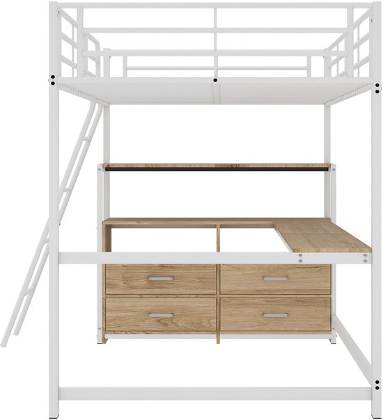 Lit mezzanine - 140x200cm - tiroirs pratiques - bureau élégant en L - design stratifié - sans matelas - blanc