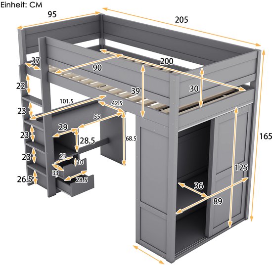 Lit mezzanine 90x200 cm - lit bébé multifonctionnel avec armoire, bureau et tiroirs - gris