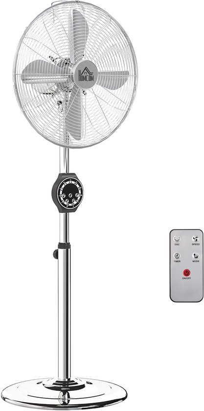 Staande ventilator met metalen frame, verstelbare hoogte, 3 snelheden, 75° oscillatie, 0,5-7,5u timer, zilver
