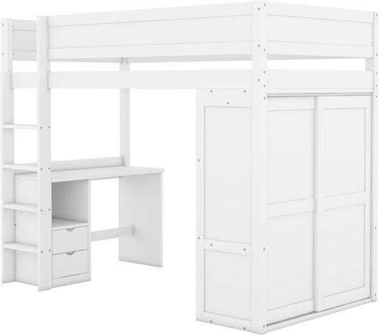 Lit mezzanine 90x200 cm - lit enfant multifonctionnel avec armoire, bureau et tiroirs - blanc