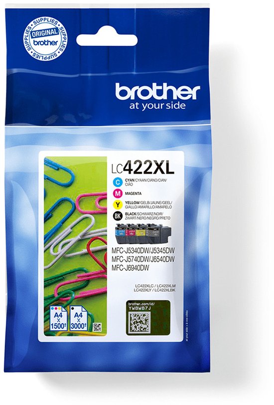 Verpakking van Brother LC422XL cartridges met paperclips op de voorgrond.