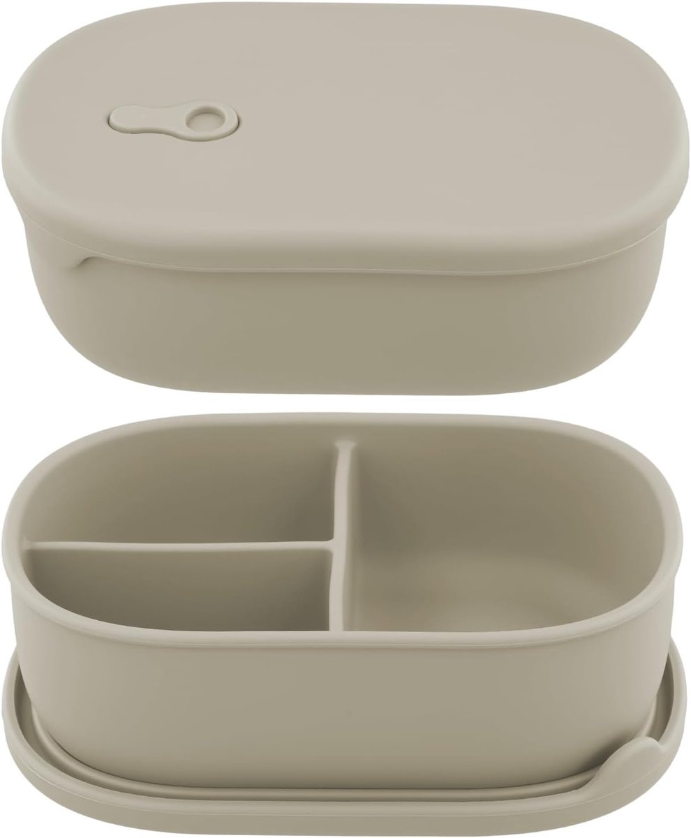 Siliconen Bento Box - Met Deksel - Lunchbox met Verdeling - Lunchbox - Met 3 Compartimenten - Lekvrije Voedselverdelers - Lunchbox voor Kinderen en Volwassenen - Magnetronbestendig - Vriezerbestendig - 1000ml - Beige