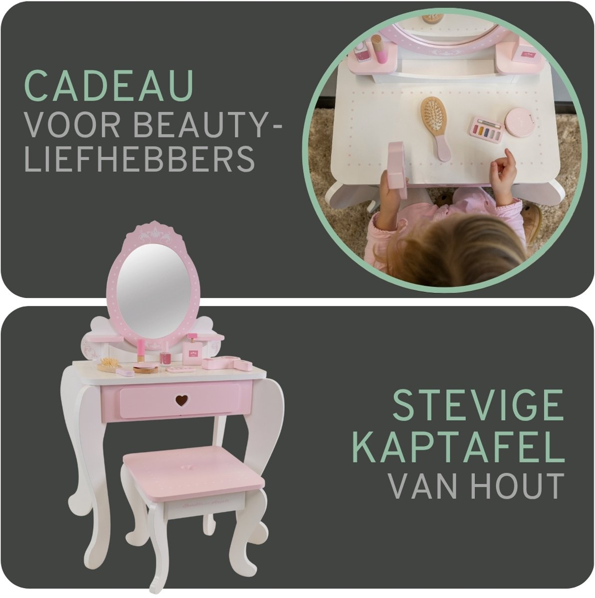 Bandits & Angels Kinder Kaptafel Julia Wit Roze Met Spiegel voor Meisjes vanaf 3 jaar - Houten Make-Up Tafel - Kaptafel Inclusief Krukje - Voor Kinderen — afbeelding 2