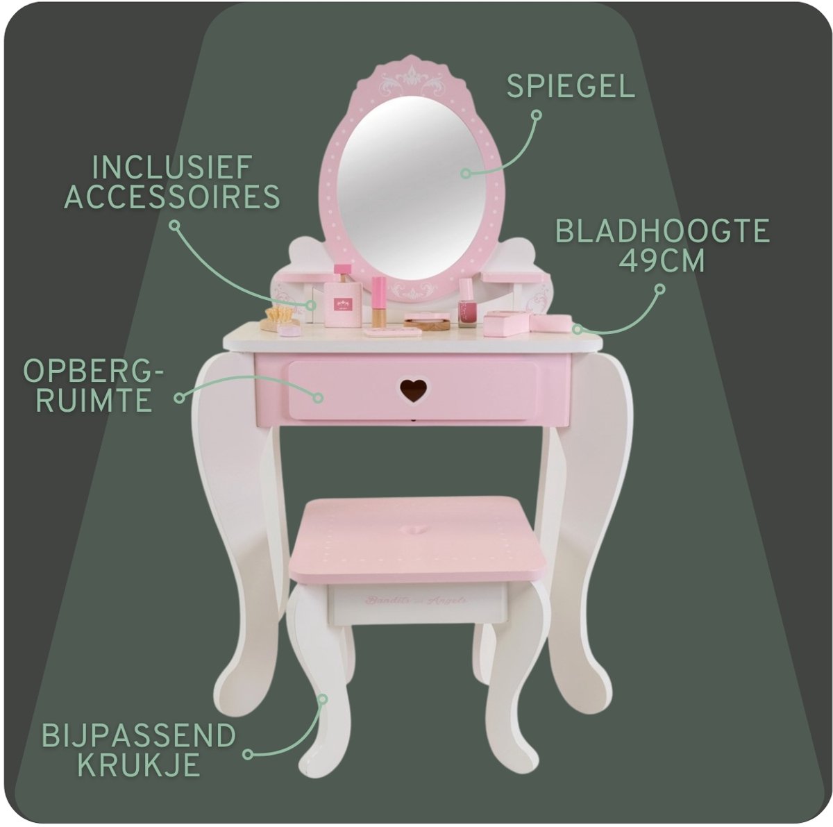 Bandits & Angels Kinder Kaptafel Julia Wit Roze Met Spiegel voor Meisjes vanaf 3 jaar - Houten Make-Up Tafel - Kaptafel Inclusief Krukje - Voor Kinderen — afbeelding 3